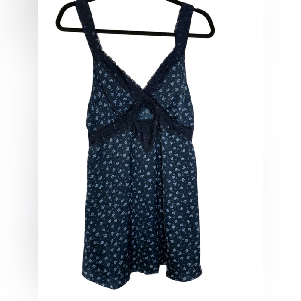 American Eagle Dress Womens Medium Navy Blue Floral Lace Trim Satin Cut Out M - Picture 3 of 9